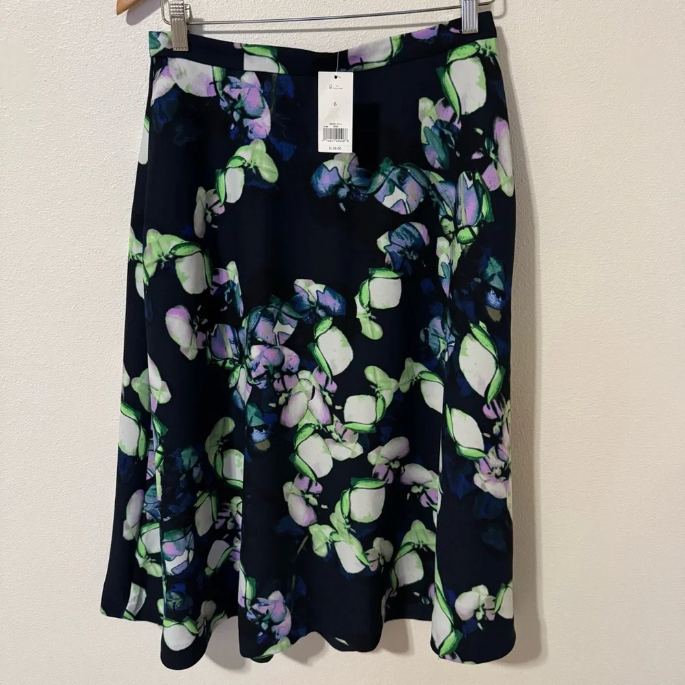 Banana Republic Floral Watercolor Print Midi Skirt Navy A-Line Career NWT-6